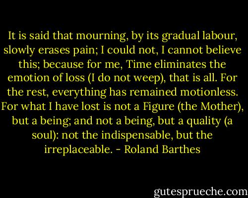 It is said that mourning, by its gradual labour, slowly erases pain; I could not, I cannot believe this; because for me, Time eliminates the emotion of loss (I do not weep), that is all. For the rest, everything has remained motionless. For what I have lost is not a Figure (the Mother), but a being; and not a being, but a quality (a soul): not the indispensable, but the irreplaceable. - Roland Barthes