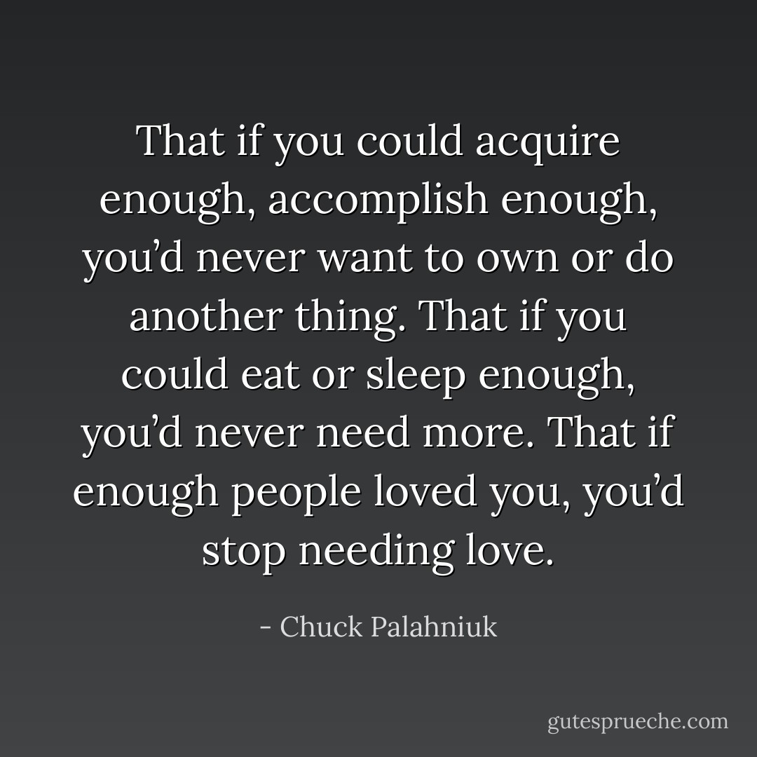 That if you could acquire enough, accomplish enough, you’d never want to own or do another thing. That if you could eat or sleep enough, you’d never need more. That if enough people loved you, you’d stop needing love. - Chuck Palahniuk