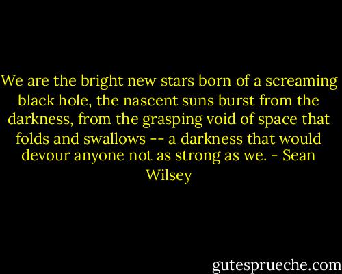 We are the bright new stars born of a screaming black hole, the nascent suns burst from the darkness, from the grasping void of space that folds and swallows -- a darkness that would devour anyone not as strong as we. - Sean Wilsey