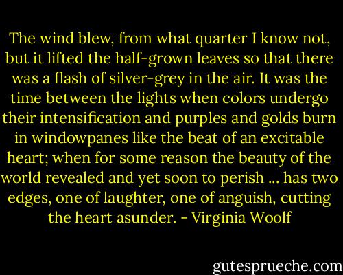 The wind blew, from what quarter I know not, but it lifted the half-grown leaves so that there was a flash of silver-grey in the air. It was the time between the lights when colors undergo their intensification and purples and golds burn in windowpanes like the beat of an excitable heart; when for some reason the beauty of the world revealed and yet soon to perish ... has two edges, one of laughter, one of anguish, cutting the heart asunder. - Virginia Woolf