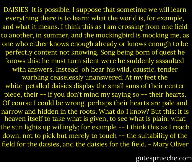 DAISIES<br /><br />It is possible, I suppose that sometime<br />we will learn everything<br />there is to learn: what the world is, for example,<br />and what it means. I think this as I am crossing<br />from one field to another, in summer, and the<br />mockingbird is mocking me, as one who either<br />knows enough already or knows enough to be<br />perfectly content not knowing. Song being born<br />of quest he knows this: he must turn silent<br />were he suddenly assaulted with answers. Instead<br /><br />oh hear his wild, caustic, tender warbling ceaselessly<br />unanswered. At my feet the white-petalled daisies display<br />the small suns of their center piece, their -- if you don't<br />mind my saying so -- their hearts. Of course<br />I could be wrong, perhaps their hearts are pale and<br />narrow and hidden in the roots. What do I know?<br />But this: it is heaven itself to take what is given,<br />to see what is plain; what the sun lights up willingly;<br />for example -- I think this<br />as I reach down, not to pick but merely to touch --<br />the suitability of the field for the daisies, and the<br />daisies for the field. - Mary Oliver