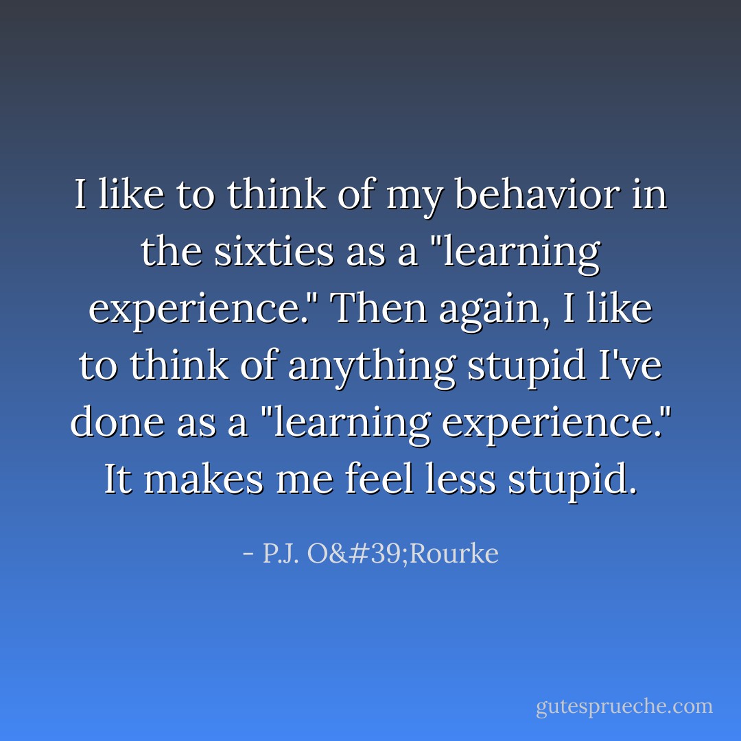 I like to think of my behavior in the sixties as a "learning experience." Then again, I like to think of anything stupid I've done as a "learning experience." It makes me feel less stupid. - P.J. O'Rourke
