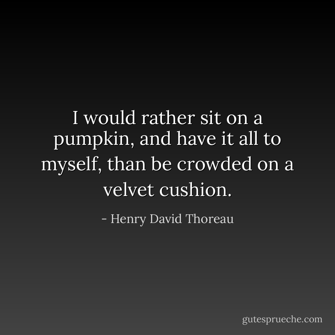 I would rather sit on a pumpkin, and have it all to myself, than be crowded on a velvet cushion. - Henry David Thoreau