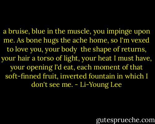 a bruise, blue<br />in the muscle, you<br />impinge upon me.<br />As bone hugs the ache home, so<br />I'm vexed to love you, your body<br /><br />the shape of returns, your hair a torso<br />of light, your heat<br />I must have, your opening<br />I'd eat, each moment<br />of that soft-finned fruit,<br />inverted fountain in which I don't see me. - Li-Young Lee