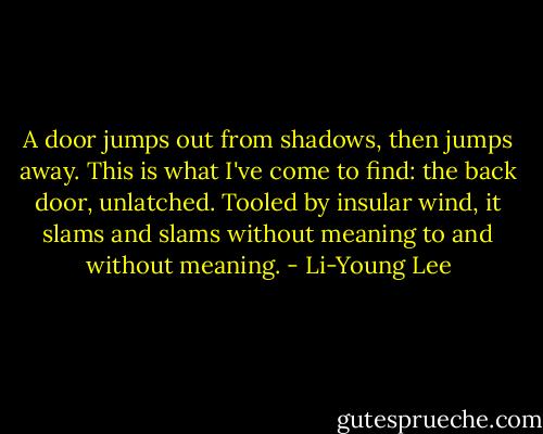 A door jumps<br />out from shadows,<br />then jumps away. This<br />is what I've come to find:<br />the back door, unlatched.<br />Tooled by insular wind, it<br />slams and slams<br />without meaning<br />to and without meaning. - Li-Young Lee