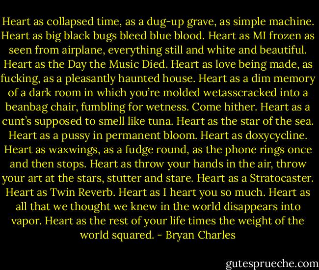 Heart as collapsed time, as a dug-up grave, as simple machine. Heart as big black bugs bleed blue blood. Heart as MI frozen as seen from airplane, everything still and white and beautiful. Heart as the Day the Music Died. Heart as love being made, as fucking, as a pleasantly haunted house. Heart as a dim memory of a dark room in which you’re molded wetasscracked into a beanbag chair, fumbling for wetness. Come hither. Heart as a cunt’s supposed to smell like tuna. Heart as the star of the sea. Heart as a pussy in permanent bloom. Heart as doxycycline. Heart as waxwings, as a fudge round, as the phone rings once and then stops. Heart as throw your hands in the air, throw your art at the stars, stutter and stare. Heart as a Stratocaster. Heart as Twin Reverb. Heart as I heart you so much. Heart as all that we thought we knew in the world disappears into vapor. Heart as the rest of your life times the weight of the world squared. - Bryan Charles