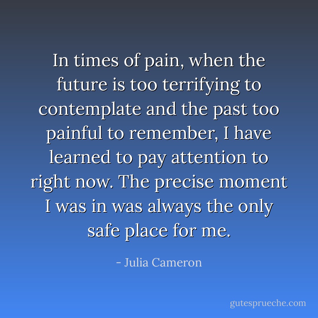 In times of pain, when the future is too terrifying to contemplate and the past too painful to remember, I have learned to pay attention to right now. The precise moment I was in was always the only safe place for me. - Julia Cameron