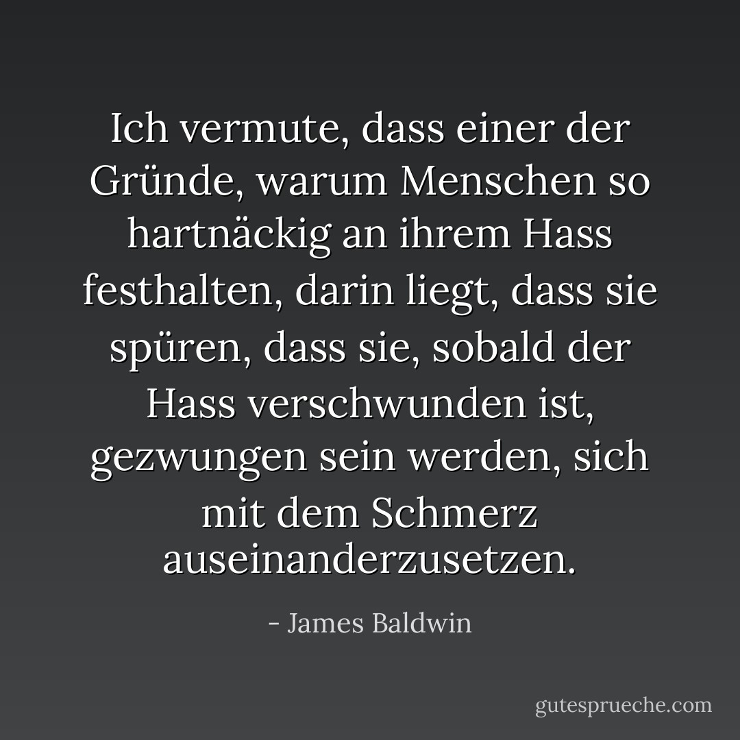 Ich vermute, dass einer der Gründe, warum Menschen so hartnäckig an ihrem Hass festhalten, darin liegt, dass sie spüren, dass sie, sobald der Hass verschwunden ist, gezwungen sein werden, sich mit dem Schmerz auseinanderzusetzen. - James Baldwin<