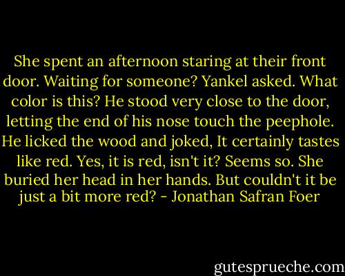 She spent an afternoon staring at their front door.<br />Waiting for someone? Yankel asked.<br />What color is this?<br />He stood very close to the door, letting the end of his nose touch the peephole. He licked the wood and joked, It certainly tastes like red.<br />Yes, it is red, isn't it?<br />Seems so.<br />She buried her head in her hands. But couldn't it be just a bit more red? - Jonathan Safran Foer