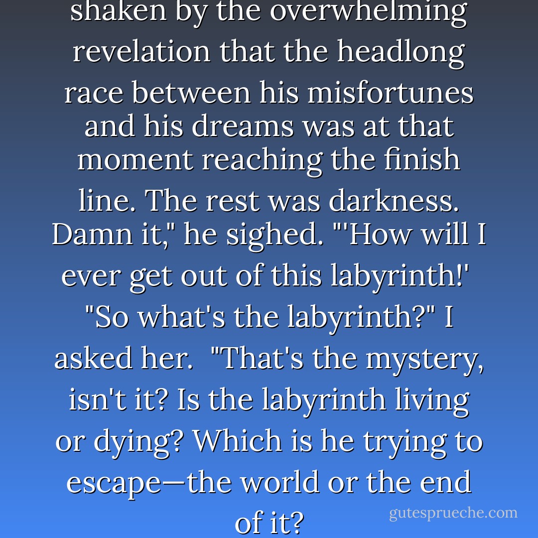He—that's Simon Bolivar—was shaken by the overwhelming revelation that the headlong race between his misfortunes and his dreams was at that moment reaching the finish line. The rest was darkness. Damn it," he sighed. "'How will I ever get out of this labyrinth!'<br /><br />"So what's the labyrinth?" I asked her.<br /><br />"That's the mystery, isn't it? Is the labyrinth living or dying? Which is he trying to escape—the world or the end of it? - John Green