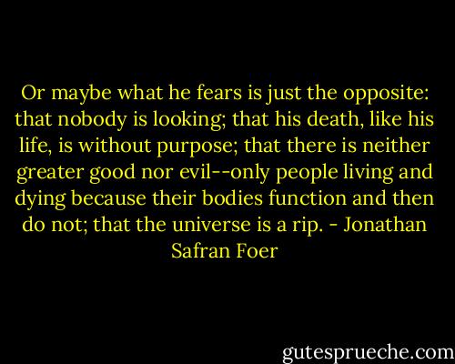 Or maybe what he fears is just the opposite: that nobody is looking; that his death, like his life, is without purpose; that there is neither greater good nor evil--only people living and dying because their bodies function and then do not; that the universe is a rip. - Jonathan Safran Foer