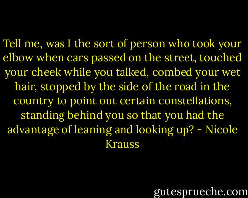 Tell me, was I the sort of person who took your elbow when cars passed on the street, touched your cheek while you talked, combed your wet hair, stopped by the side of the road in the country to point out certain constellations, standing behind you so that you had the advantage of leaning and looking up? - Nicole Krauss