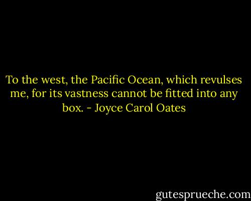 To the west, the Pacific Ocean, which revulses me, for its vastness cannot be fitted into any box. - Joyce Carol Oates