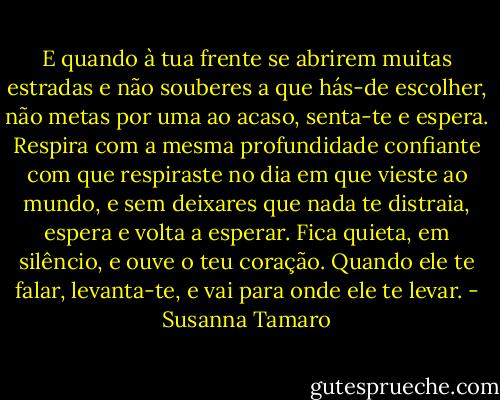 E quando à tua frente se abrirem muitas estradas e não souberes a que hás-de escolher, não metas por uma ao acaso, senta-te e espera. Respira com a mesma profundidade confiante com que respiraste no dia em que vieste ao mundo, e sem deixares que nada te distraia, espera e volta a esperar. Fica quieta, em silêncio, e ouve o teu coração. Quando ele te falar, levanta-te, e vai para onde ele te levar. - Susanna Tamaro