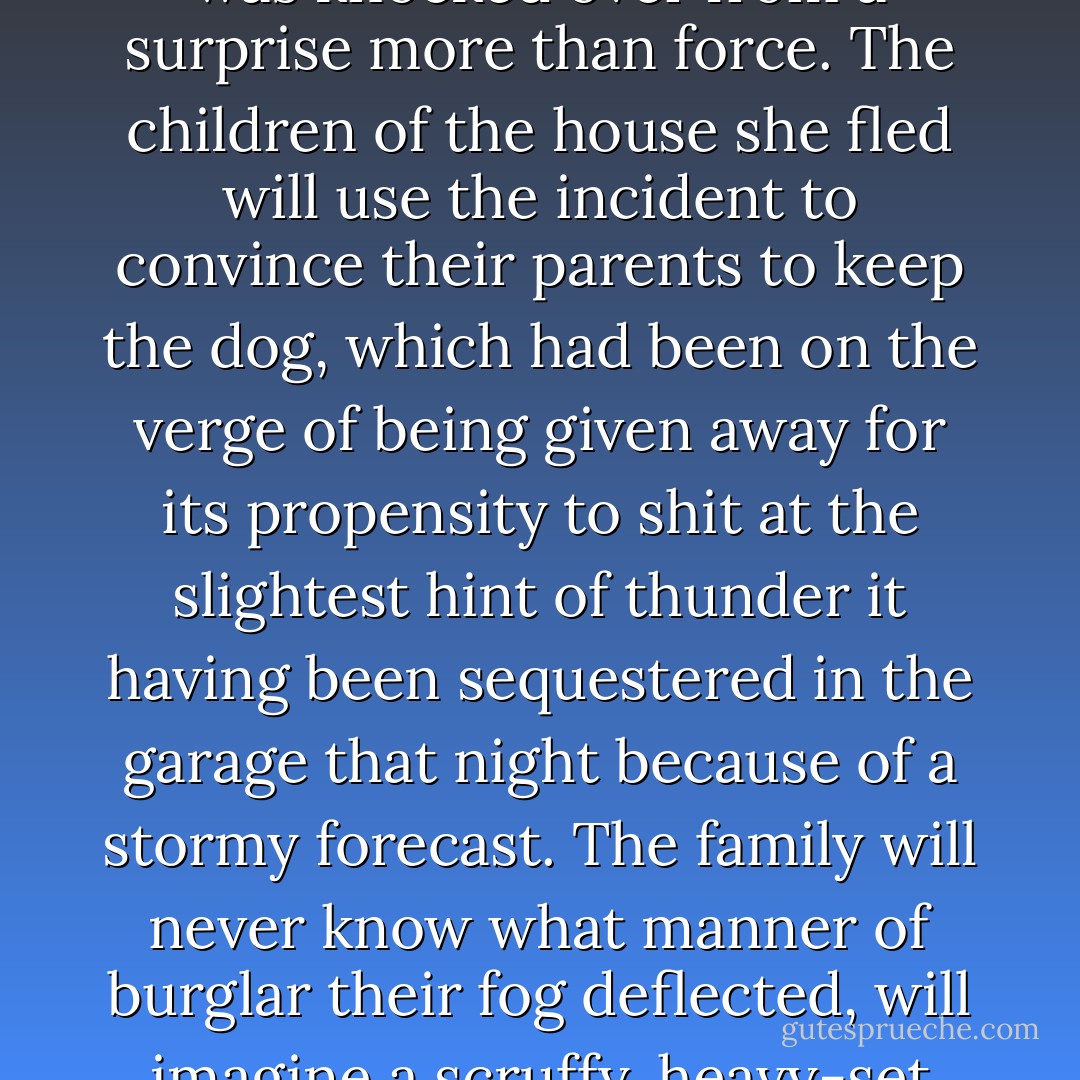 Miriam will never know what kind of dog attacked her, will imagine a Doberman or a German shepherd with snarling, angry teeth despite the fact she bears neither bite marks nor broken skin. It will never cross her mind that the dog was a beagle and that she was knocked over from a surprise more than force. The children of the house she fled will use the incident to convince their parents to keep the dog, which had been on the verge of being given away for its propensity to shit at the slightest hint of thunder it having been sequestered in the garage that night because of a stormy forecast. The family will never know what manner of burglar their fog deflected, will imagine a scruffy, heavy-set man with scars and a limp groping the family jewelery. It will never cross their minds that their intruder was am upper middle-class wife and mother of two who would have had eyes only for their Chinese teakettle.  - Myla Goldberg