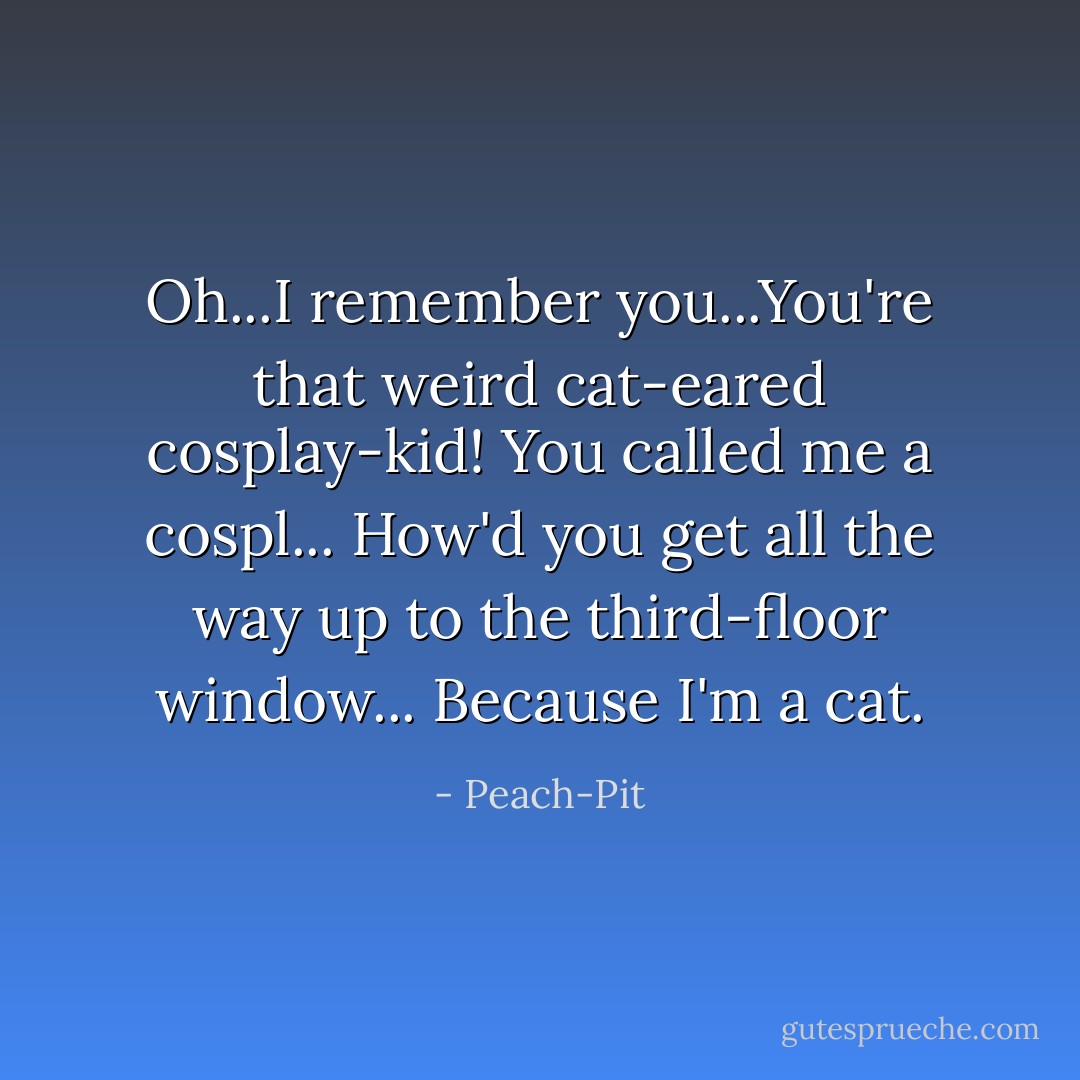 Oh...I remember you...You're that weird cat-eared cosplay-kid!<br />You called me a cospl...<br />How'd you get all the way up to the third-floor window...<br />Because I'm a cat. - Peach-Pit