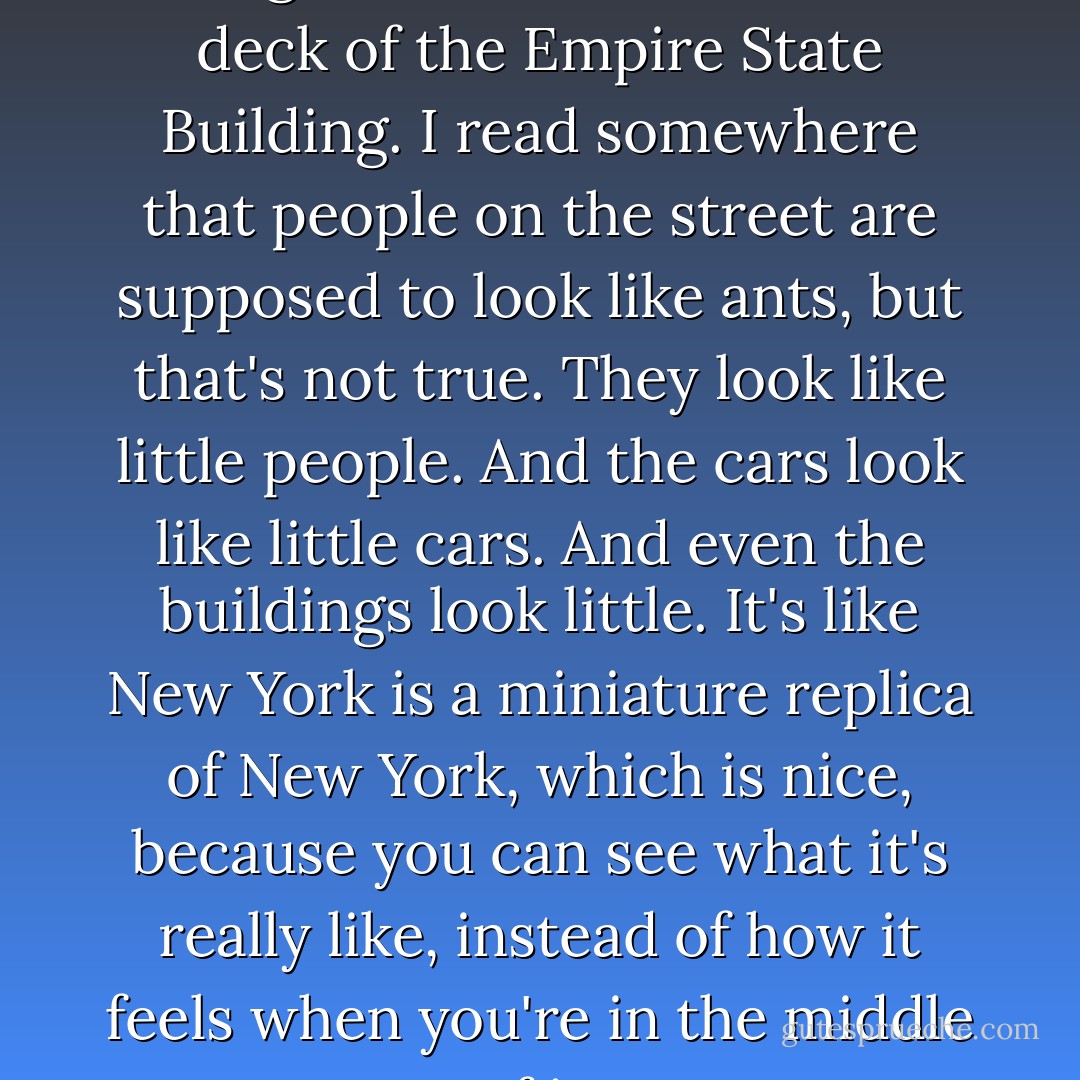 You can see the most beautiful things from the observation deck of the Empire State Building. I read somewhere that people on the street are supposed to look like ants, but that's not true. They look like little people. And the cars look like little cars. And even the buildings look little. It's like New York is a miniature replica of New York, which is nice, because you can see what it's really like, instead of how it feels when you're in the middle of it. - Jonathan Safran Foer