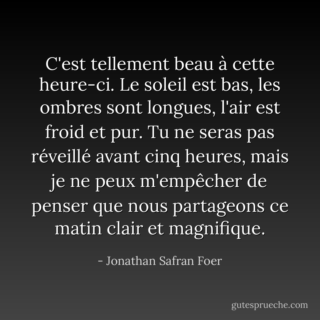 C'est tellement beau à cette heure-ci. Le soleil est bas, les ombres sont longues, l'air est froid et pur. Tu ne seras pas réveillé avant cinq heures, mais je ne peux m'empêcher de penser que nous partageons ce matin clair et magnifique. - Jonathan Safran Foer