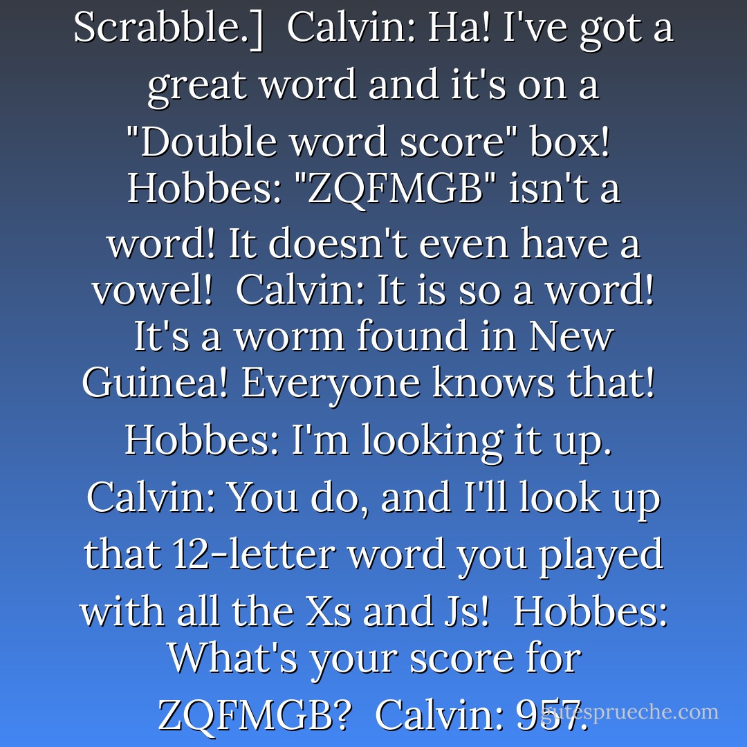 [Calvin and Hobbes are playing Scrabble.] <br />Calvin: Ha! I've got a great word and it's on a "Double word score" box! <br />Hobbes: "ZQFMGB" isn't a word! It doesn't even have a vowel! <br />Calvin: It is so a word! It's a worm found in New Guinea! Everyone knows that! <br />Hobbes: I'm looking it up. <br />Calvin: You do, and I'll look up that 12-letter word you played with all the Xs and Js! <br />Hobbes: What's your score for ZQFMGB? <br />Calvin: 957. - Bill Watterson