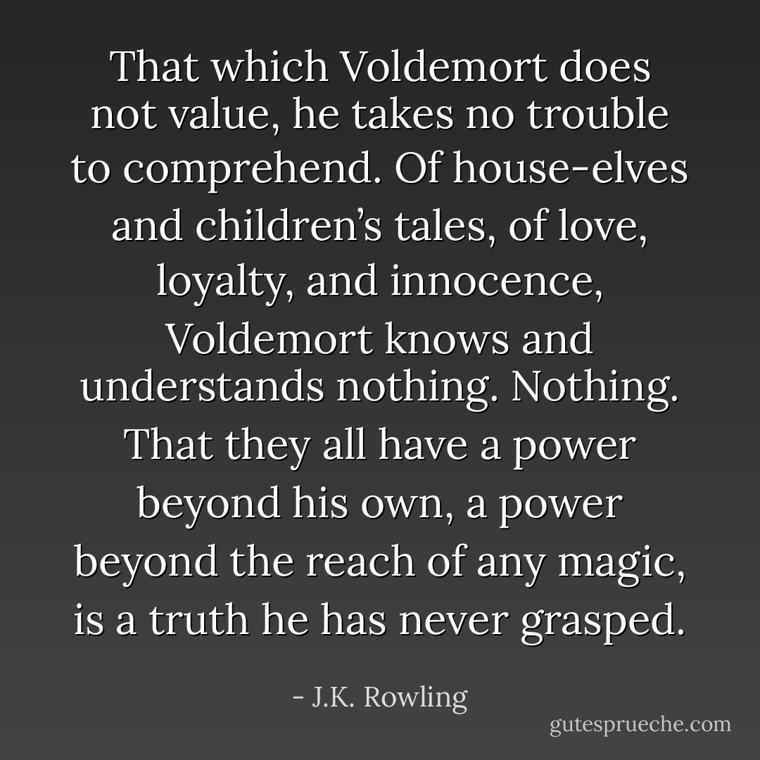 That which Voldemort does not value, he takes no trouble to comprehend. Of house-elves and children’s tales, of love, loyalty, and innocence, Voldemort knows and understands nothing. <i>Nothing</i>. That they all have a power beyond his own, a power beyond the reach of any magic, is a truth he has never grasped. - J.K. Rowling