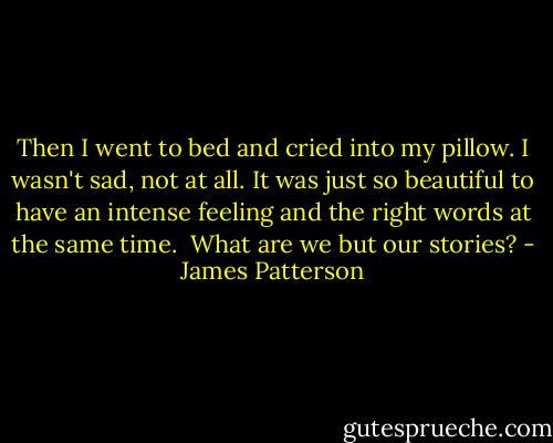 Then I went to bed and cried into my pillow. I wasn't sad, not at all. It was just so beautiful to have an intense feeling and the right words at the same time.<br /><br />What are we but our stories? - James Patterson