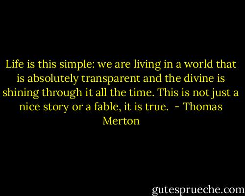 Life is this simple: we are living in a world that is absolutely transparent and the divine is shining through it all the time. This is not just a nice story or a fable, it is true.  - Thomas Merton