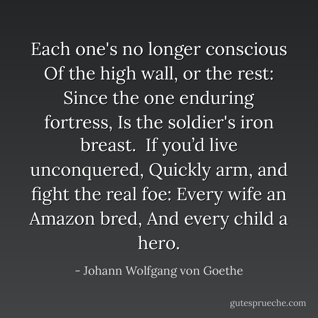 Each one's no longer conscious<br />Of the high wall, or the rest:<br />Since the one enduring fortress,<br />Is the soldier's iron breast.<br /><br />If you’d live unconquered,<br />Quickly arm, and fight the real foe:<br />Every wife an Amazon bred,<br />And every child a hero. - Johann Wolfgang von Goethe