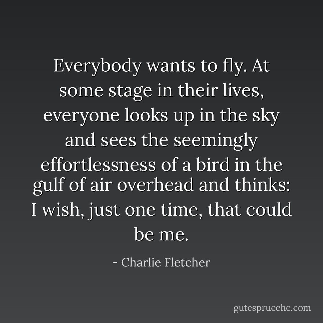 Everybody wants to fly. At some stage in their lives, everyone looks up in the sky and sees the seemingly effortlessness of a bird in the gulf of air overhead and thinks: I wish, just one time, that could be me. - Charlie Fletcher
