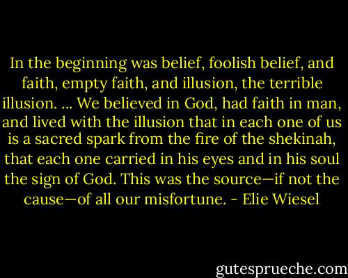 In the beginning was belief, foolish belief, and faith, empty faith, and illusion, the terrible illusion. ... We believed in God, had faith in man, and lived with the illusion that in each one of us is a sacred spark from the fire of the shekinah, that each one carried in his eyes and in his soul the sign of God. This was the source—if not the cause—of all our misfortune. - Elie Wiesel