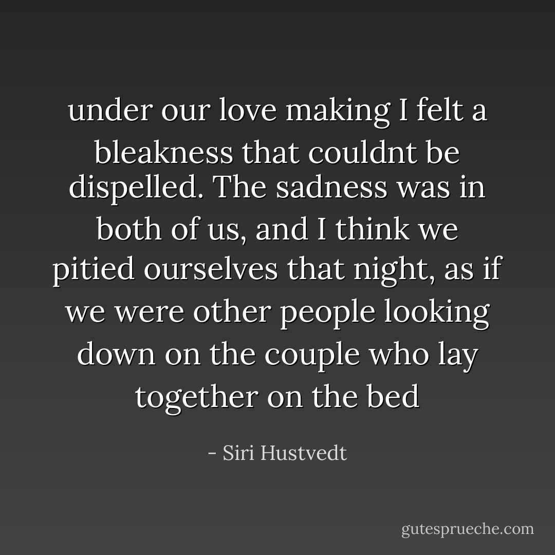 under our love making I felt a bleakness that couldnt be dispelled. The sadness was in both of us, and I think we pitied ourselves that night, as if we were other people looking down on the couple who lay together on the bed - Siri Hustvedt