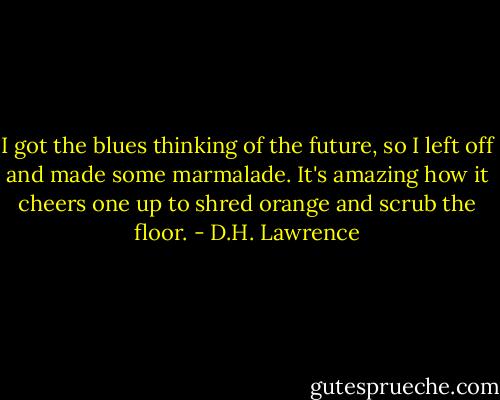 I got the blues thinking of the future, so I left off and made some marmalade. It's amazing how it cheers one up to shred orange and scrub the floor. - D.H. Lawrence
