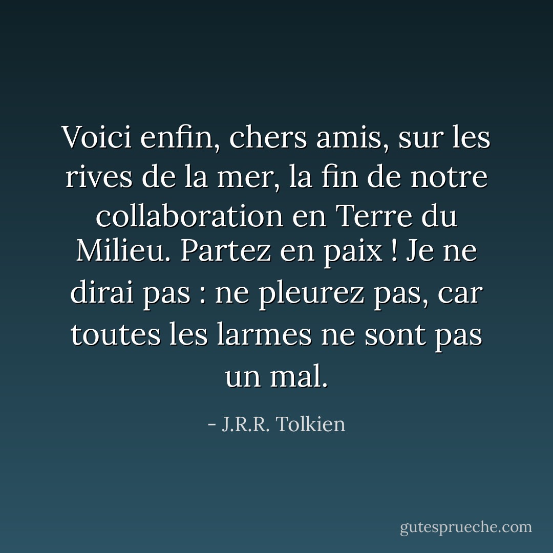 Voici enfin, chers amis, sur les rives de la mer, la fin de notre collaboration en Terre du Milieu. Partez en paix ! Je ne dirai pas : ne pleurez pas, car toutes les larmes ne sont pas un mal. - J.R.R. Tolkien