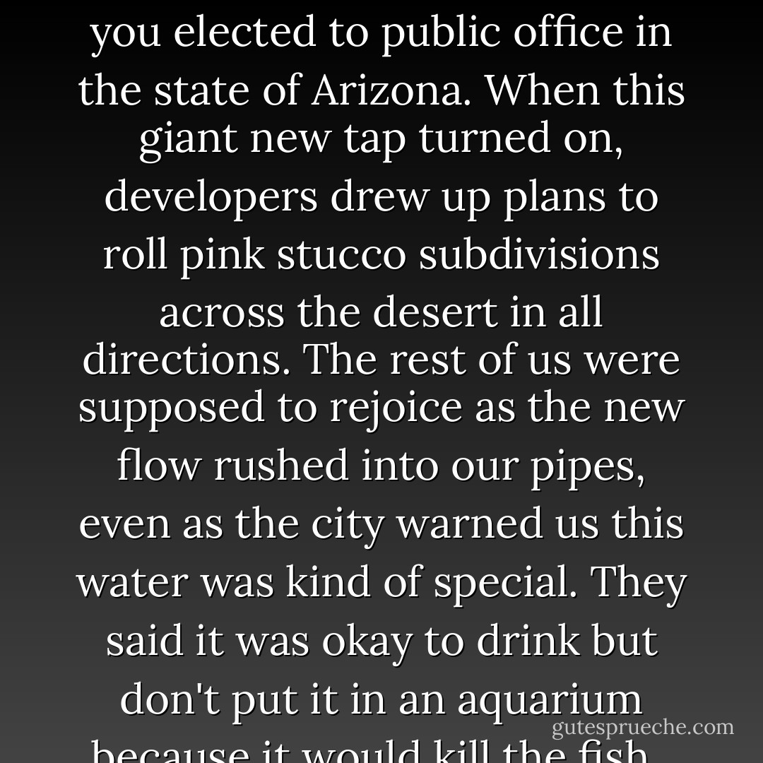 If it crosses your mind that water running through hundreds of miles of open ditch in a desert will evaporate and end up full of concentrated salts and muck, then let me just tell you, that kind of negative thinking will never get you elected to public office in the state of Arizona. When this giant new tap turned on, developers drew up plans to roll pink stucco subdivisions across the desert in all directions. The rest of us were supposed to rejoice as the new flow rushed into our pipes, even as the city warned us this water was kind of special. They said it was okay to drink but don't put it in an aquarium because it would kill the fish.<br /><br />Drink it we did, then, filled our coffee makers too, and mixed our children's juice concentrate with fluid that would gag a guppy. Oh, America the Beautiful, where are our standards?  - Barbara Kingsolver