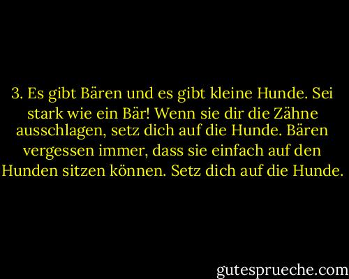 3. Es gibt Bären und es gibt kleine Hunde. Sei stark wie ein Bär! Wenn sie dir die Zähne ausschlagen, setz dich auf die Hunde. Bären vergessen immer, dass sie einfach auf den Hunden sitzen können. Setz dich auf die Hunde. - Dave Eggers<