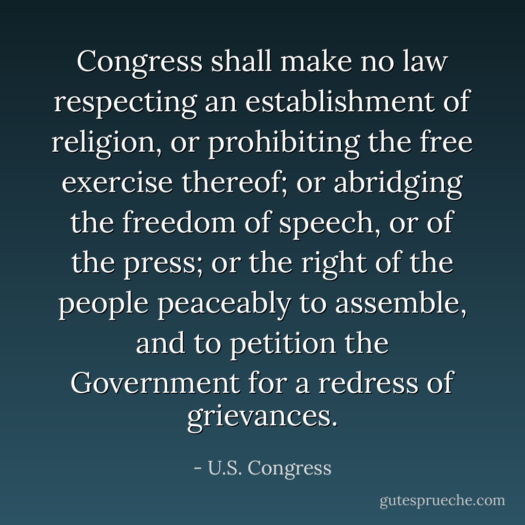 <i>Congress shall make no law respecting an establishment of religion, or prohibiting the free exercise thereof; or abridging the freedom of speech, or of the press; or the right of the people peaceably to assemble, and to petition the Government for a redress of grievances.</i> - U.S. Congress