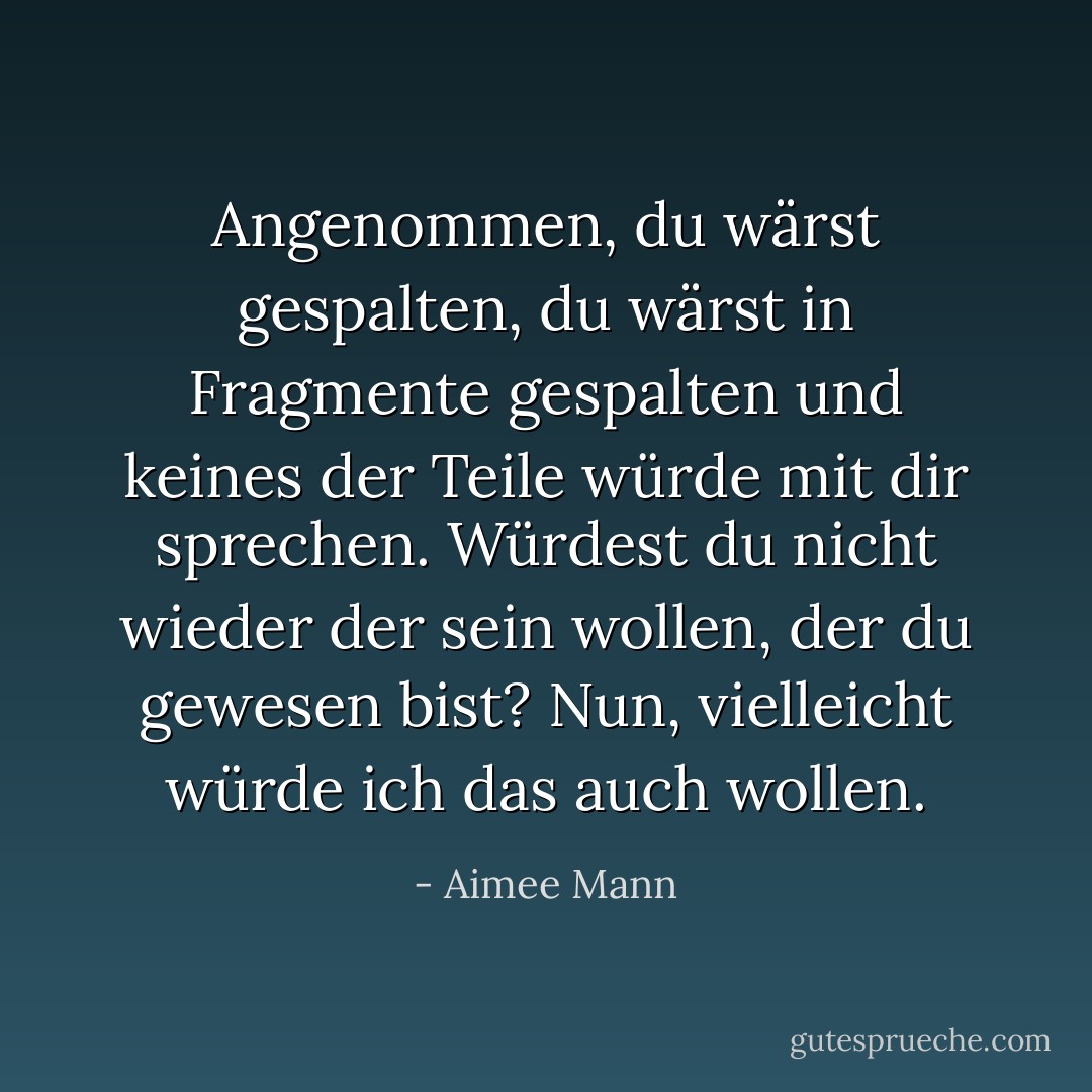 Angenommen, du wärst gespalten, du wärst in Fragmente gespalten und keines der Teile würde mit dir sprechen. Würdest du nicht wieder der sein wollen, der du gewesen bist? Nun, vielleicht würde ich das auch wollen. - Aimee Mann<