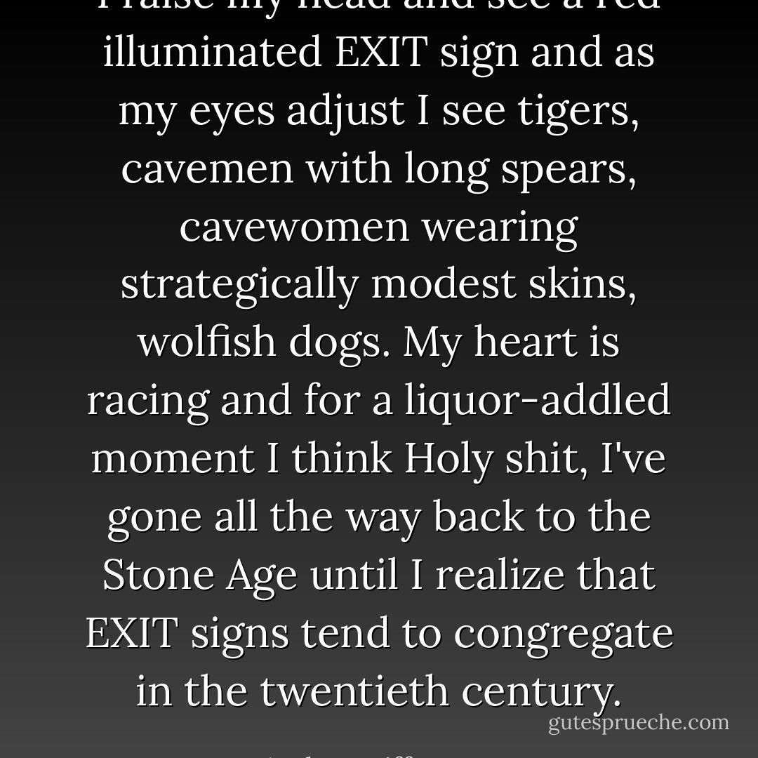I raise my head and see a red illuminated EXIT sign and as my eyes adjust I see tigers, cavemen with long spears, cavewomen wearing strategically modest skins, wolfish dogs. My heart is racing and for a liquor-addled moment I think <i>Holy shit, I've gone all the way back to the Stone Age</i> until I realize that EXIT signs tend to congregate in the twentieth century. - Audrey Niffenegger