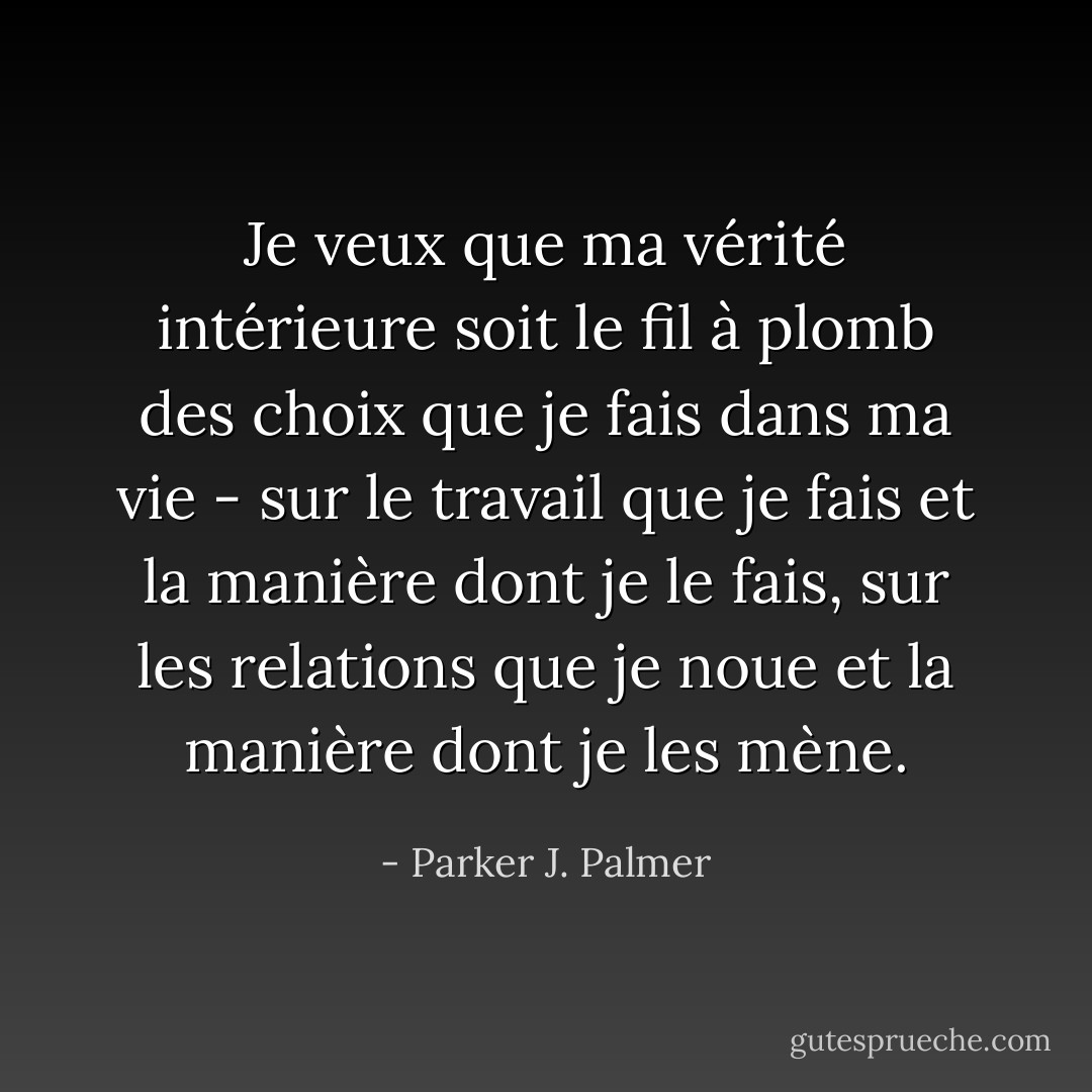 Je veux que ma vérité intérieure soit le fil à plomb des choix que je fais dans ma vie - sur le travail que je fais et la manière dont je le fais, sur les relations que je noue et la manière dont je les mène. - Parker J. Palmer
