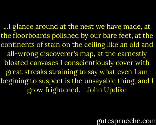 ...I glance around at the nest we have made, at the floorboards polished by our bare feet, at the continents of stain on the ceiling like an old and all-wrong discoverer's map, at the earnestly bloated canvases I conscientiously cover with great streaks straining to say what even I am begining to suspect is the unsayable thing, and I grow frightened. - John Updike
