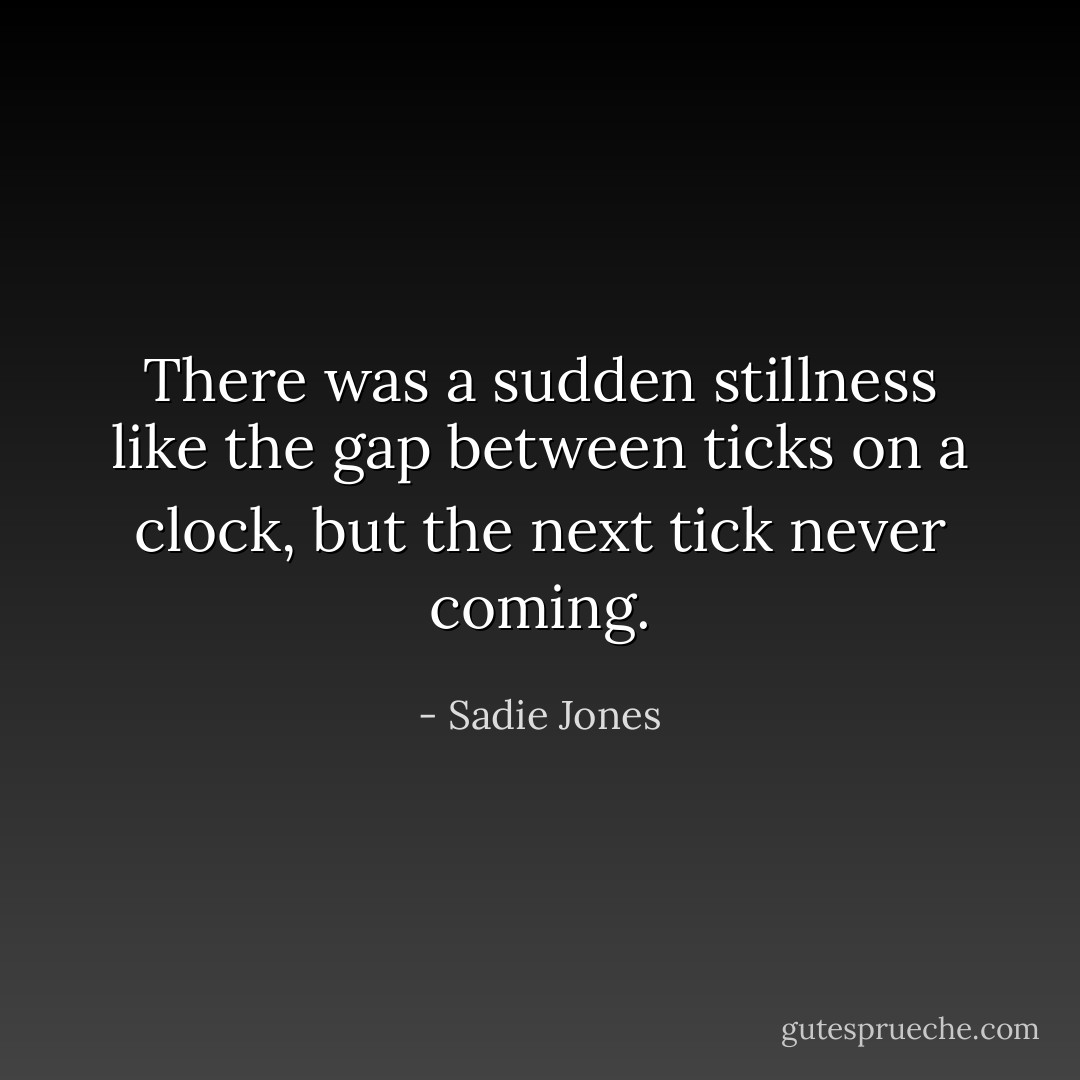 There was a sudden stillness like the gap between ticks on a clock, but the next tick never coming. - Sadie Jones