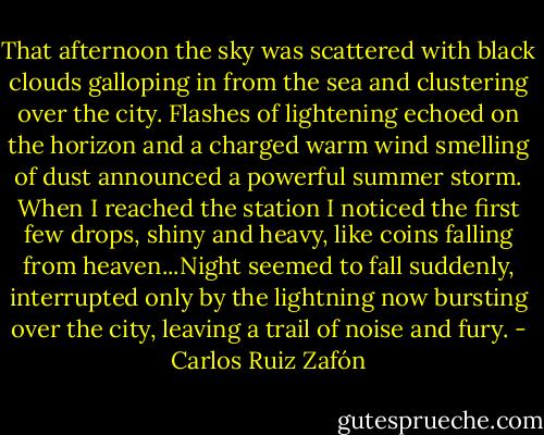 That afternoon the sky was scattered with black clouds galloping in from the sea and clustering over the city. Flashes of lightening echoed on the horizon and a charged warm wind smelling of dust announced a powerful summer storm. When I reached the station I noticed the first few drops, shiny and heavy, like coins falling from heaven...Night seemed to fall suddenly, interrupted only by the lightning now bursting over the city, leaving a trail of noise and fury. - Carlos Ruiz Zafón