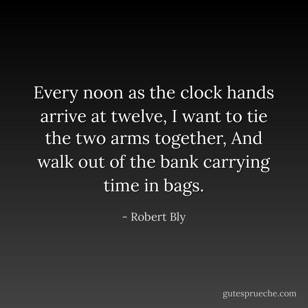 Every noon as the clock hands arrive at twelve,<br />I want to tie the two arms together,<br />And walk out of the bank carrying time in bags. - Robert Bly