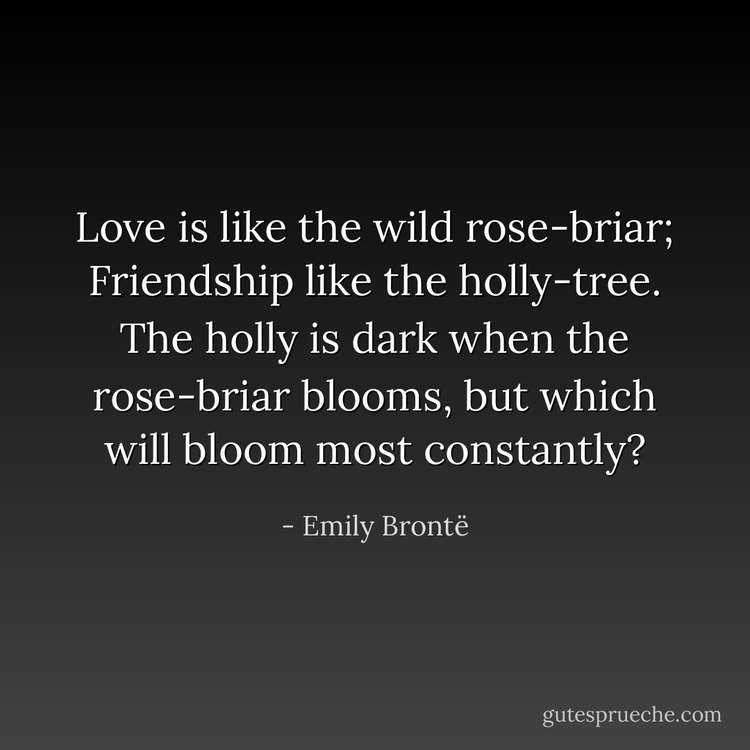Love is like the wild rose-briar; Friendship like the holly-tree. The holly is dark when the rose-briar blooms, but which will bloom most constantly? - Emily Brontë