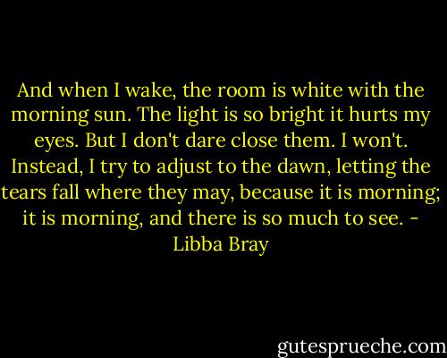 And when I wake, the room is white with the morning sun. The light is so bright it hurts my eyes. But I don't dare close them. I won't. Instead, I try to adjust to the dawn, letting the tears fall where they may, because it is morning; it is morning, and there is so much to see. - Libba Bray