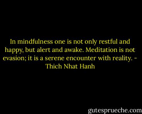 In mindfulness one is not only restful and happy, but alert and awake. Meditation is not evasion; it is a serene encounter with reality. - Thich Nhat Hanh