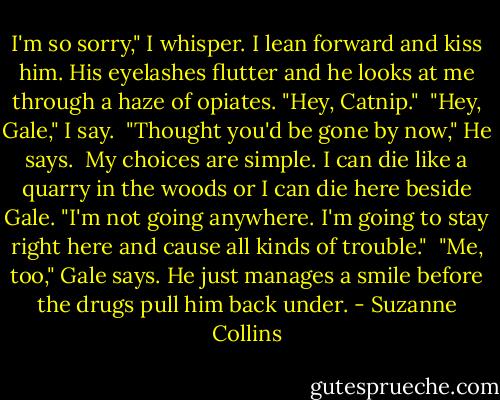I'm so sorry," I whisper. I lean forward and kiss him.<br />His eyelashes flutter and he looks at me through a haze of opiates. "Hey, Catnip."<br /> "Hey, Gale," I say.<br /> "Thought you'd be gone by now," He says.<br /> My choices are simple. I can die like a quarry in the woods or I can die here beside Gale. "I'm not going anywhere. I'm going to stay right here and cause all kinds of trouble."<br /> "Me, too," Gale says. He just manages a smile before the drugs pull him back under. - Suzanne Collins