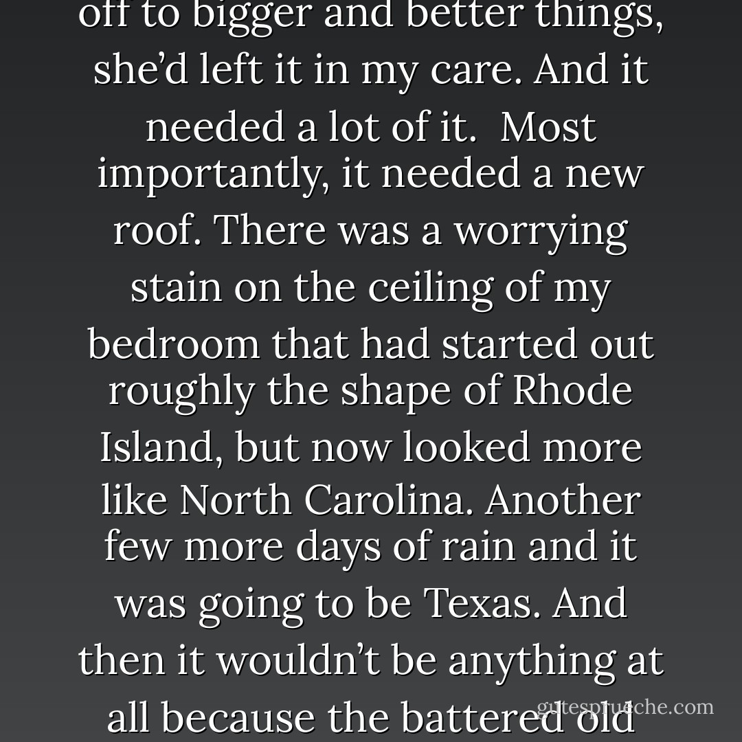My one-time roommate Claire had inherited the house from her uncle, and when she went off to bigger and better things, she’d left it in my care. And it needed a lot of it. <br />Most importantly, it needed a new roof. There was a worrying stain on the ceiling of my bedroom that had started out roughly the shape of Rhode Island, but now looked more like North Carolina. Another few more days of rain and it was going to be Texas. And then it wouldn’t be anything at all because the battered old shingles were going to cave in on my head.  - Karen Chance