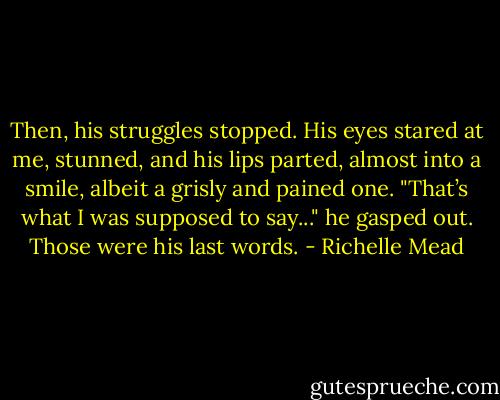Then, his struggles stopped. His eyes stared at me, stunned, and his lips parted, almost into a smile, albeit a grisly and pained one.<br />"That’s what I was supposed to say..." he gasped out.<br />Those were his last words. - Richelle Mead
