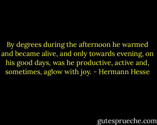 By degrees during the afternoon he warmed and became alive, and only towards evening, on his good days, was he productive, active and, sometimes, aglow with joy. - Hermann Hesse