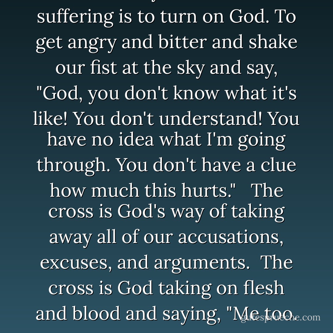 Our tendency in the midst of suffering is to turn on God. To get angry and bitter and shake our fist at the sky and say, "God, you don't know what it's like! You don't understand! You have no idea what I'm going through. You don't have a clue how much this hurts." <br /><br />The cross is God's way of taking away all of our accusations, excuses, and arguments.<br /><br />The cross is God taking on flesh and blood and saying, "Me too. - Rob Bell